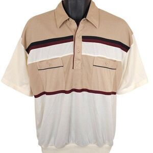 Vintage Classics Polo Shirt Mens Size Large Beige Red 90s Rockabilly Striped